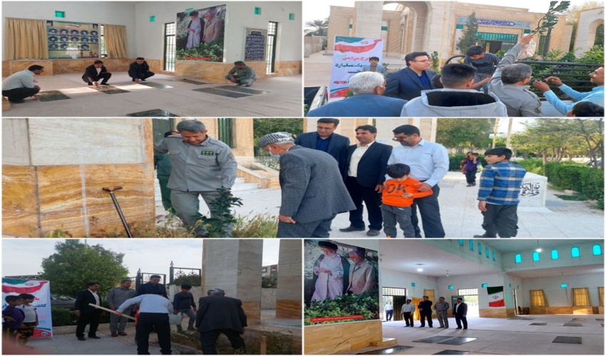 کاشت نمادین سه درخت با دستان مبارک پدر شهید با حضور مدیران شهرستان در گلزار شهدای شهرستان جم 